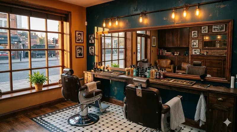 Interior da barbearia — iluminação quente e cadeiras de barbeiro