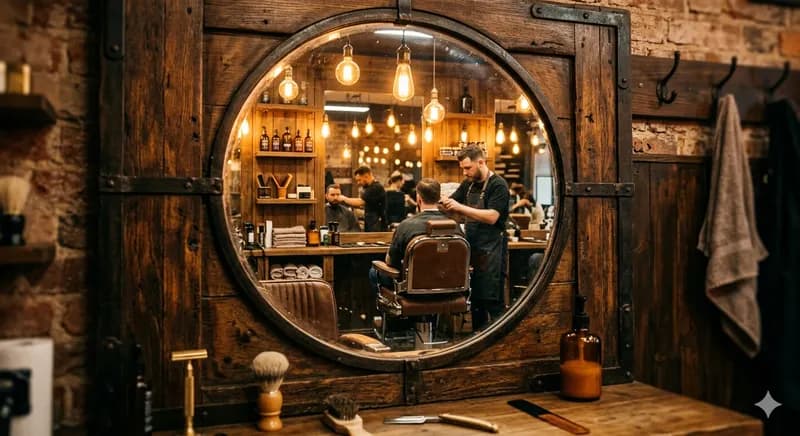 Detalhes da barbearia — espelhos e iluminação