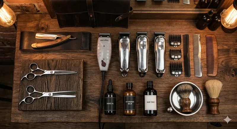 Ferramentas profissionais de barbeiro em exposição