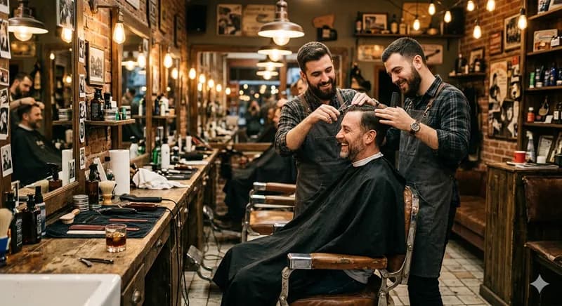 Atmosfera da barbearia — relaxada e acolhedora